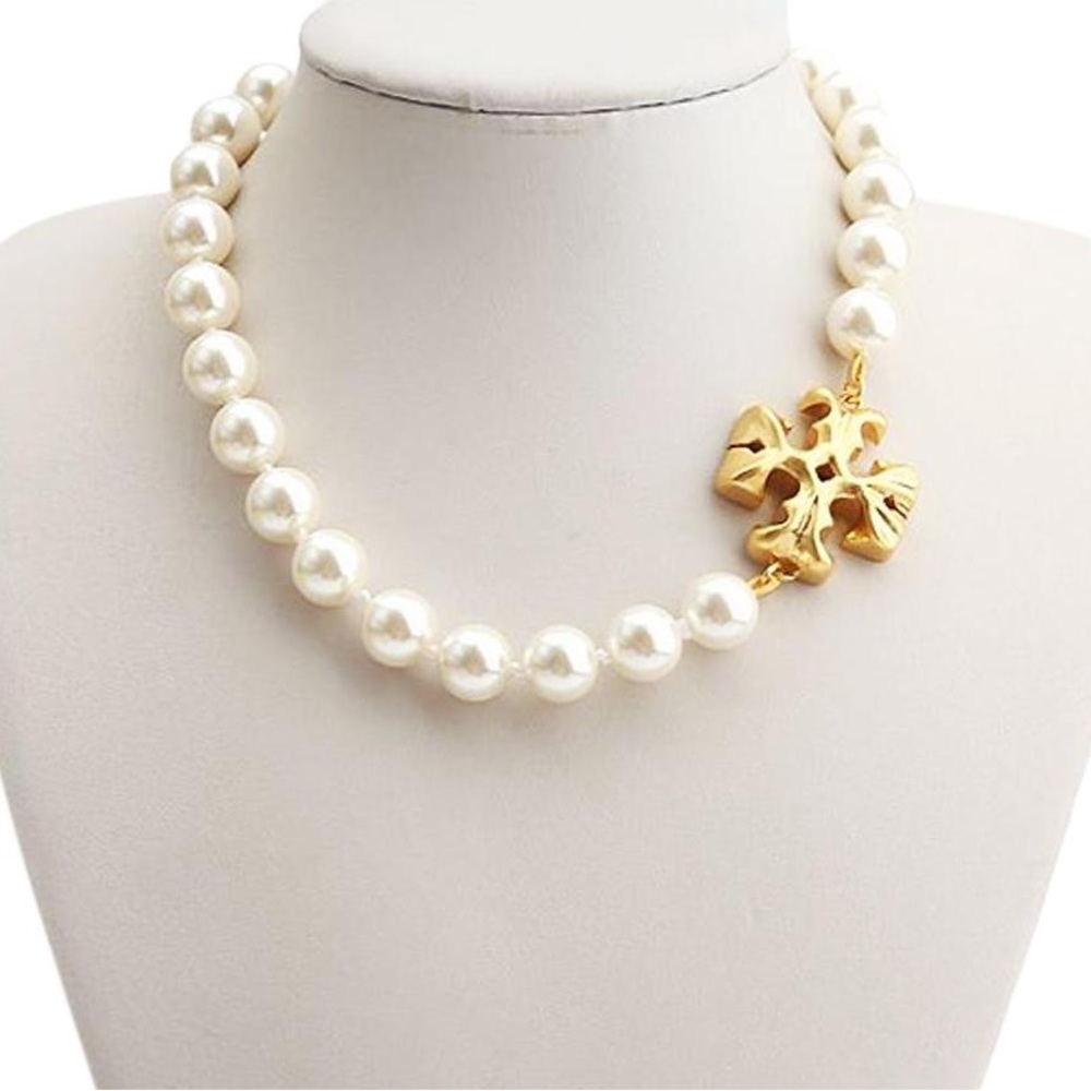 Tory Burch Ivory Pearl Necklace with Gold Logo Pendant